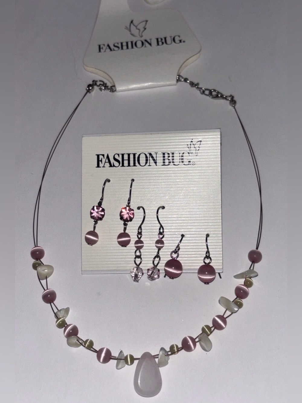 VTG Y2K Fashion Bug Pink Cat’s Eye Bead Necklace Earring Set Choker Illusion